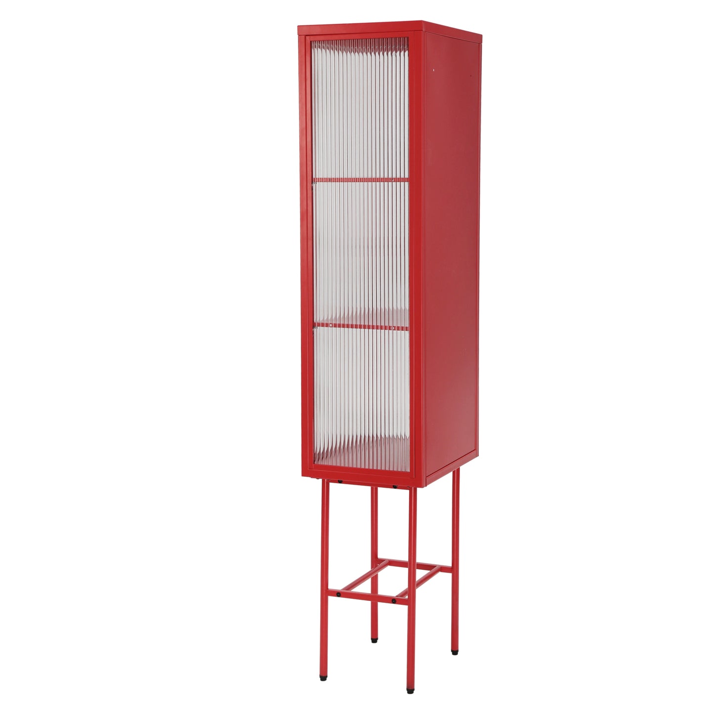 Retro Style Freestanding Metal Tall Display Cupboard with Glass Door and Three Detachable Shelves for Office, Living Room, Kitchen Console Sideboard,Bedside Entryway RED (OLD SKU:W68751719)