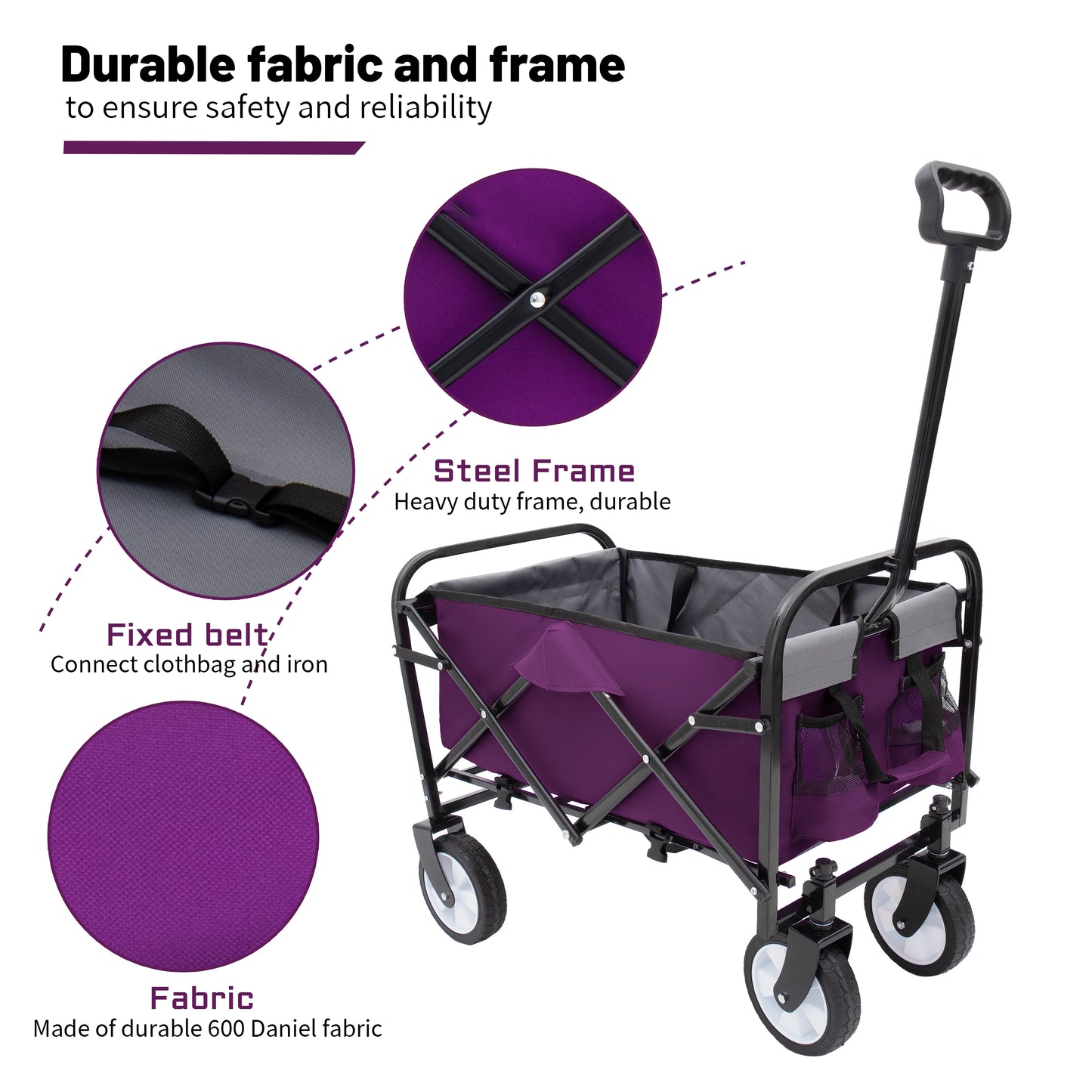 Minimeetall Strap , Collapsible Foldable Wagon Cart with strapping system Beach Wagon , Utility Cart , Utility Wagon Grocery Cart for Camping Shopping Sports Gardeing Fishing Supports 225lbs purple