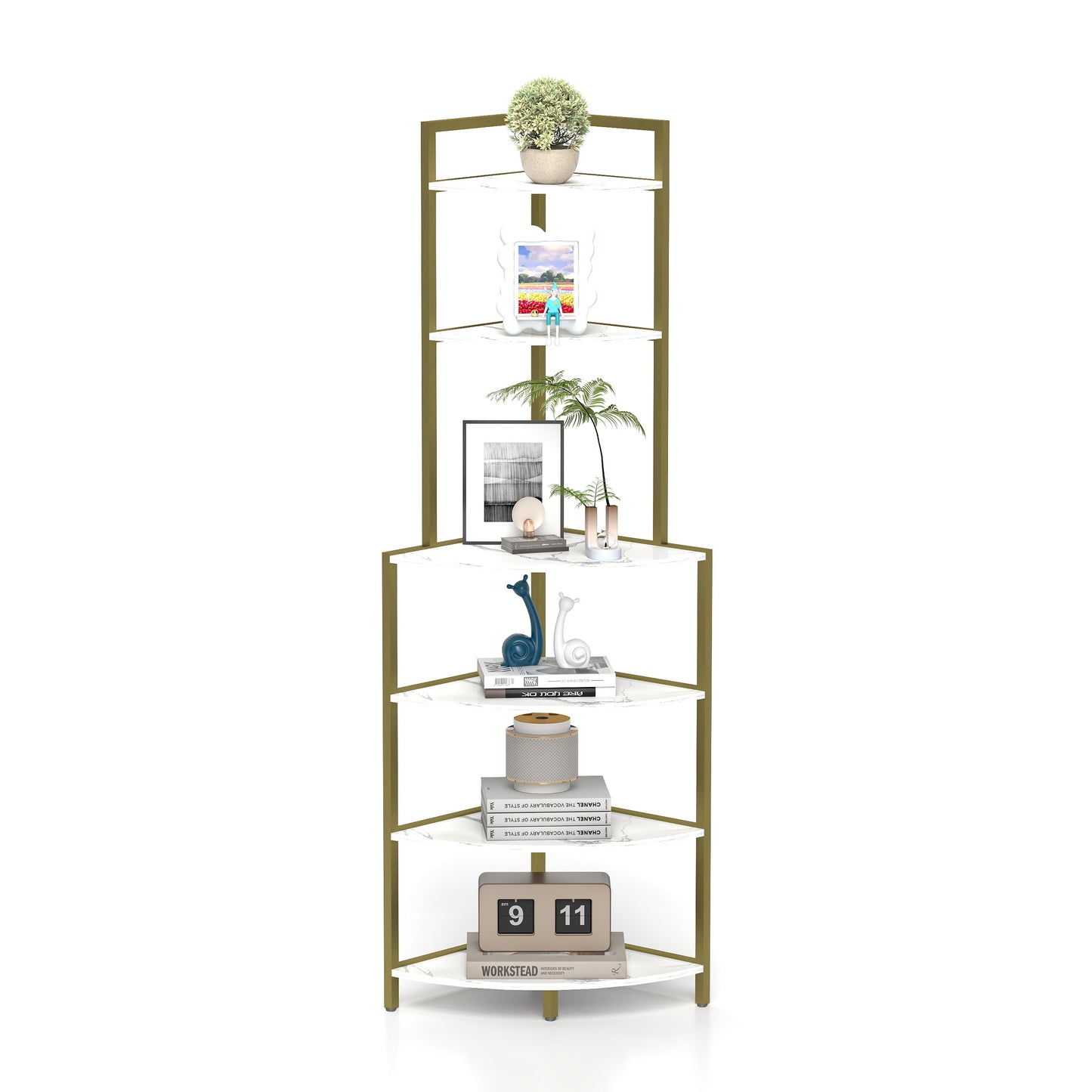 6-Tier Corner Open Shelf Modern Bookcase Wood Rack Freestanding Shelving Unit,Plant Album Trinket Sturdy Stand Small Bookshelf Space-Saving for Living Room Home Office Kitchen Small Space