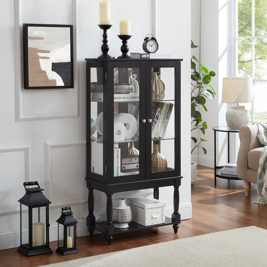 Curio Cabinet Lighted Curio Display Cabinet with Open Storage Space,Solid Wood Legs and adjustable Shelves, Acrylic Mirrored Back Panel, Tempered Glass Doors,3 Tier and one open space(E26 light bulb n Livingsource