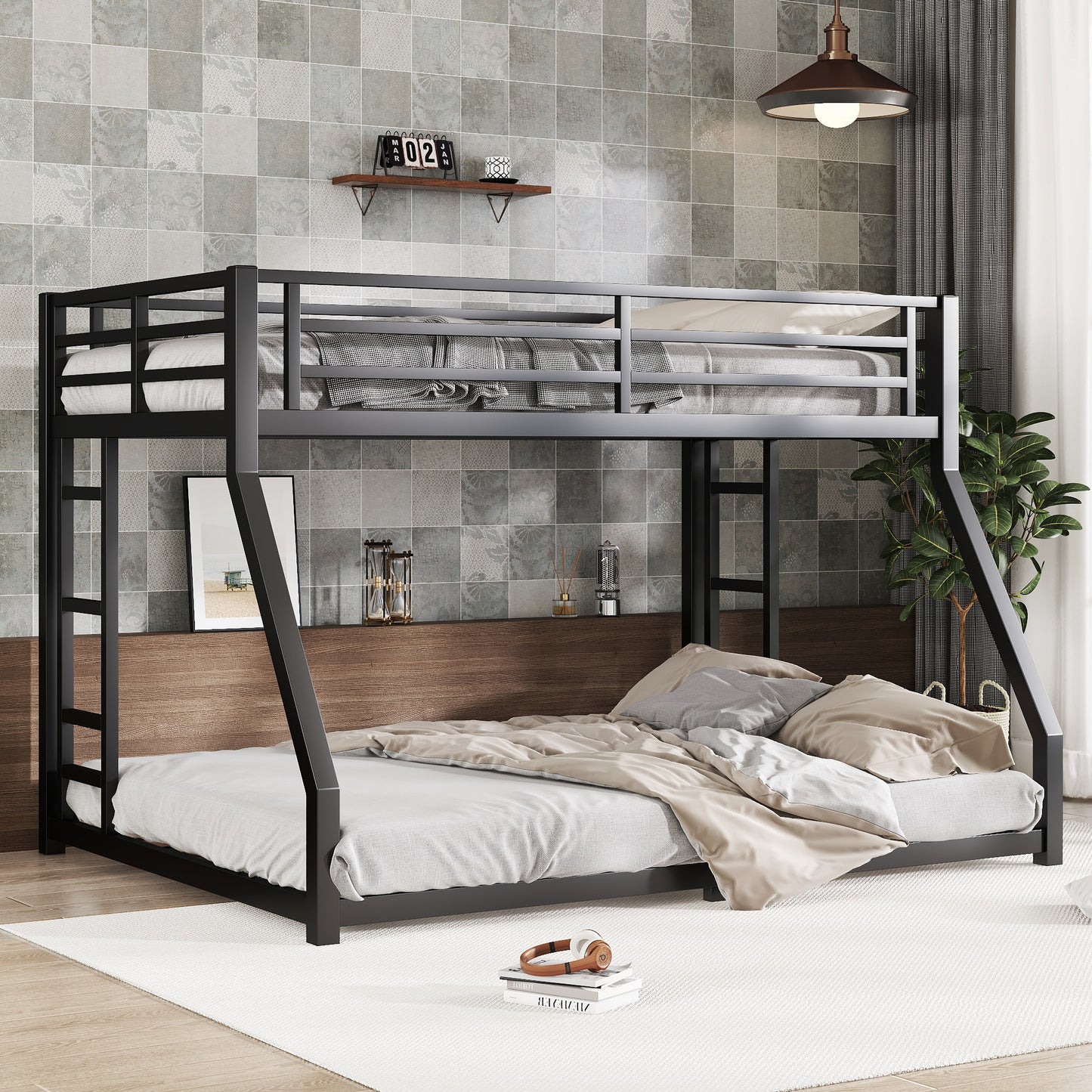 Metal Full XL over Queen Bunk Bed for Teens and Adults, Noise Reduced/No Box Spring Needed, Black