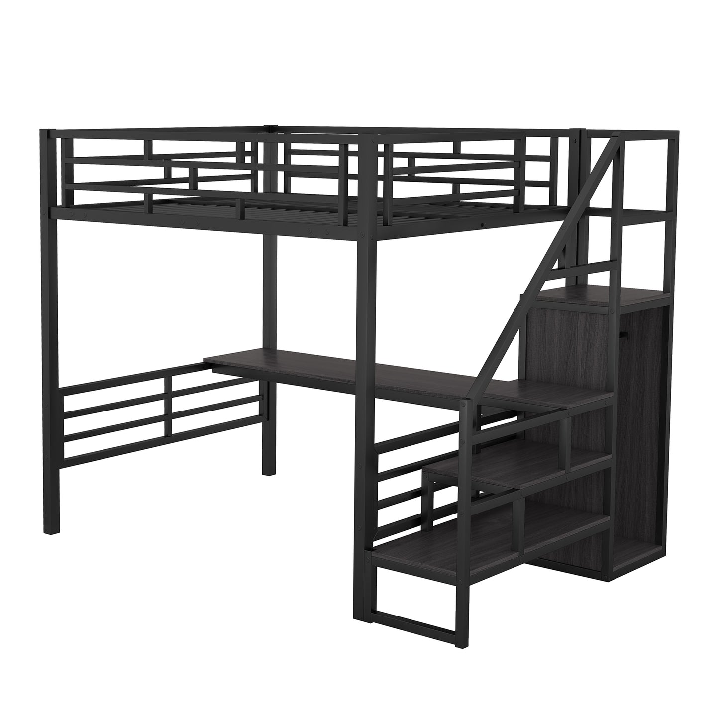 Full Size Metal Loft Bed with Desk, Storage Staircase and Small Wardrobe, Storage stairs can be installed left and right,Black