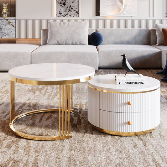 Modern 2 Pieces White Round Nesting  Coffee Table with Drawers in 27.6'' SolidRoot Buy Furniture USA