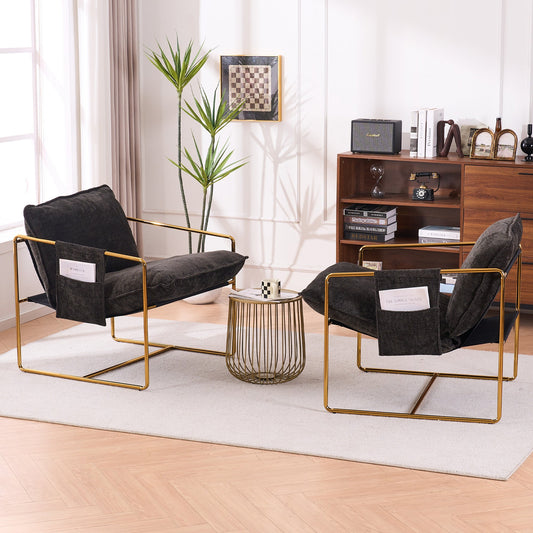 2 Chairs in 1 Box, Upholstered Hanging Armchair with Arm PocketsMetal frame, gold-plated craftsmanship, crushed foam cushions and skin-friendly woven fabric for living room and bedroom. Dark Gray Livingsource