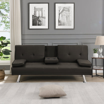 Sofa Bed with Armrest two holders WOOD FRAME, STAINLESS LEG, FUTON BROWN PVC,DARK BROWN SolidRoot Buy Furniture USA