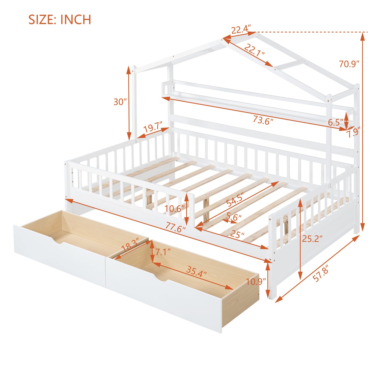 Wooden Full Size House Bed with 2 Drawers,Kids Bed with Storage Shelf, White