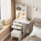 Small Space Vanity Table Set with 3 Adjustable Lighted Mirror and Storage Chair, Makeup Vanity Table for Small Space, White Dressing Table with Fold-up Panel for Bedroom - SolidRoot Buy Furniture USA