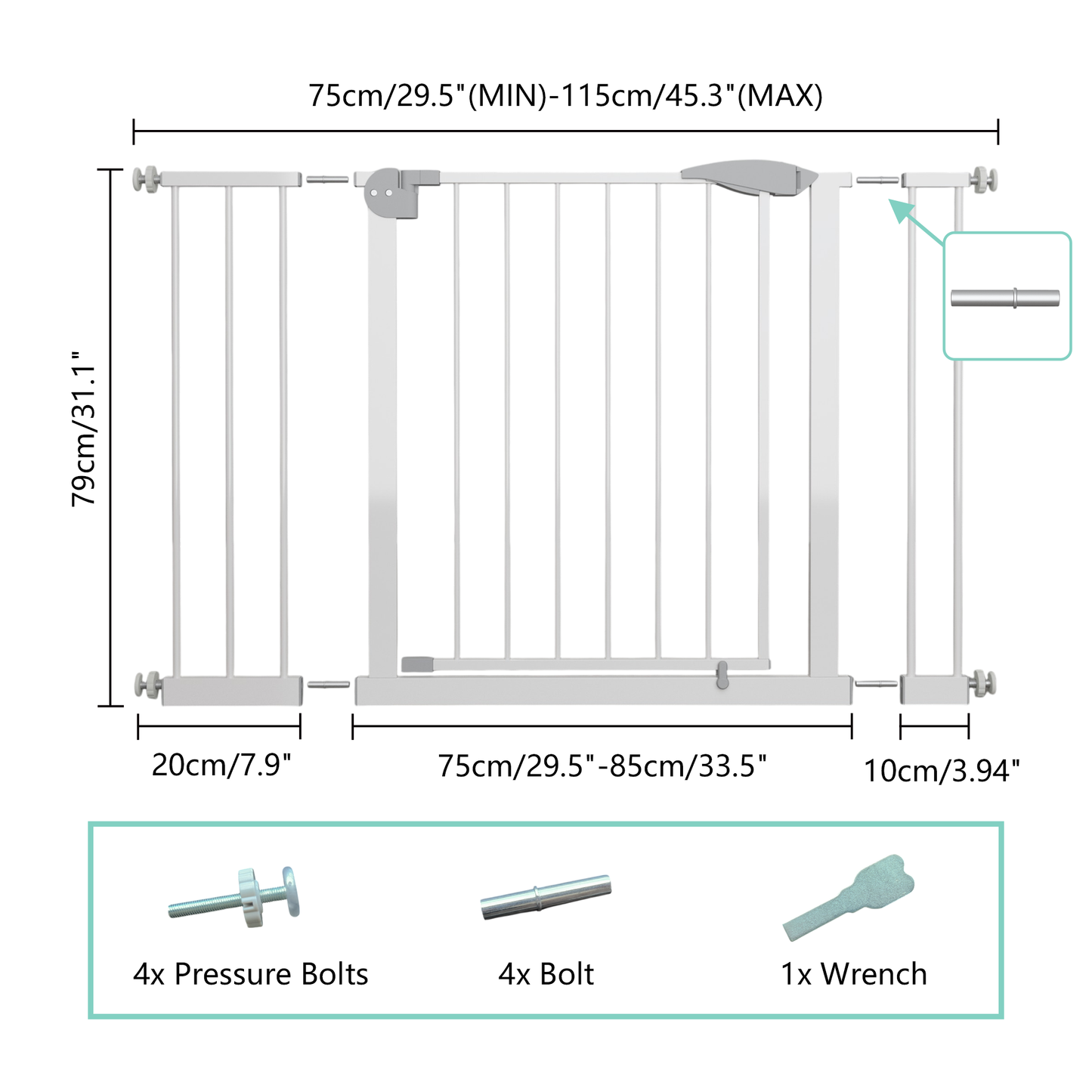 29.5-45.3" Wide Baby Gate for Stairs, Dog Gate Indoor for Doorways, No Drilling Pressure Mounted Pet Gates for Kids, Easy Walk Through Safety Gate, White