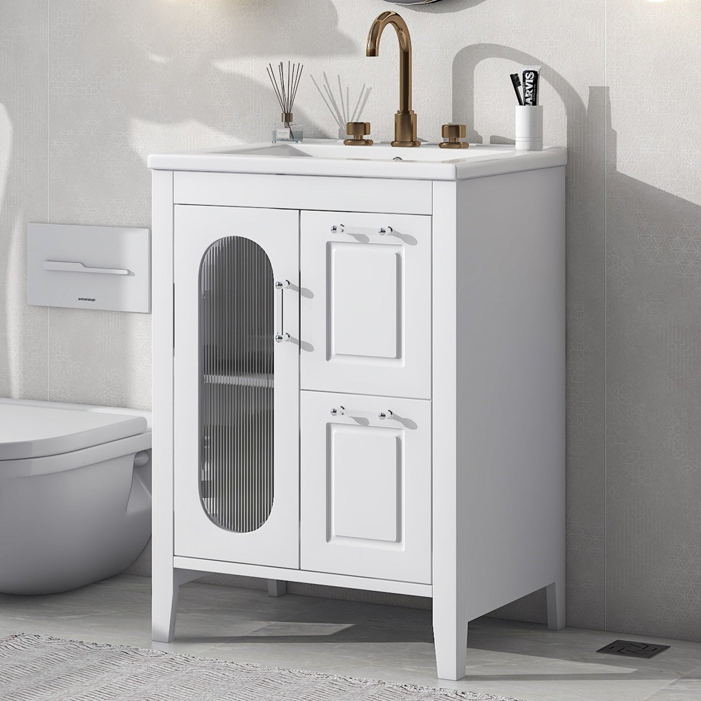24' Bathroom Vanity with Sink, Bathroom Vanity Cabinet with Two Drawers and Door, Adjustable Shelf, Solid Wood and MDF, White (Old Sku:WF309411AAK) SolidRoot Buy Furniture USA