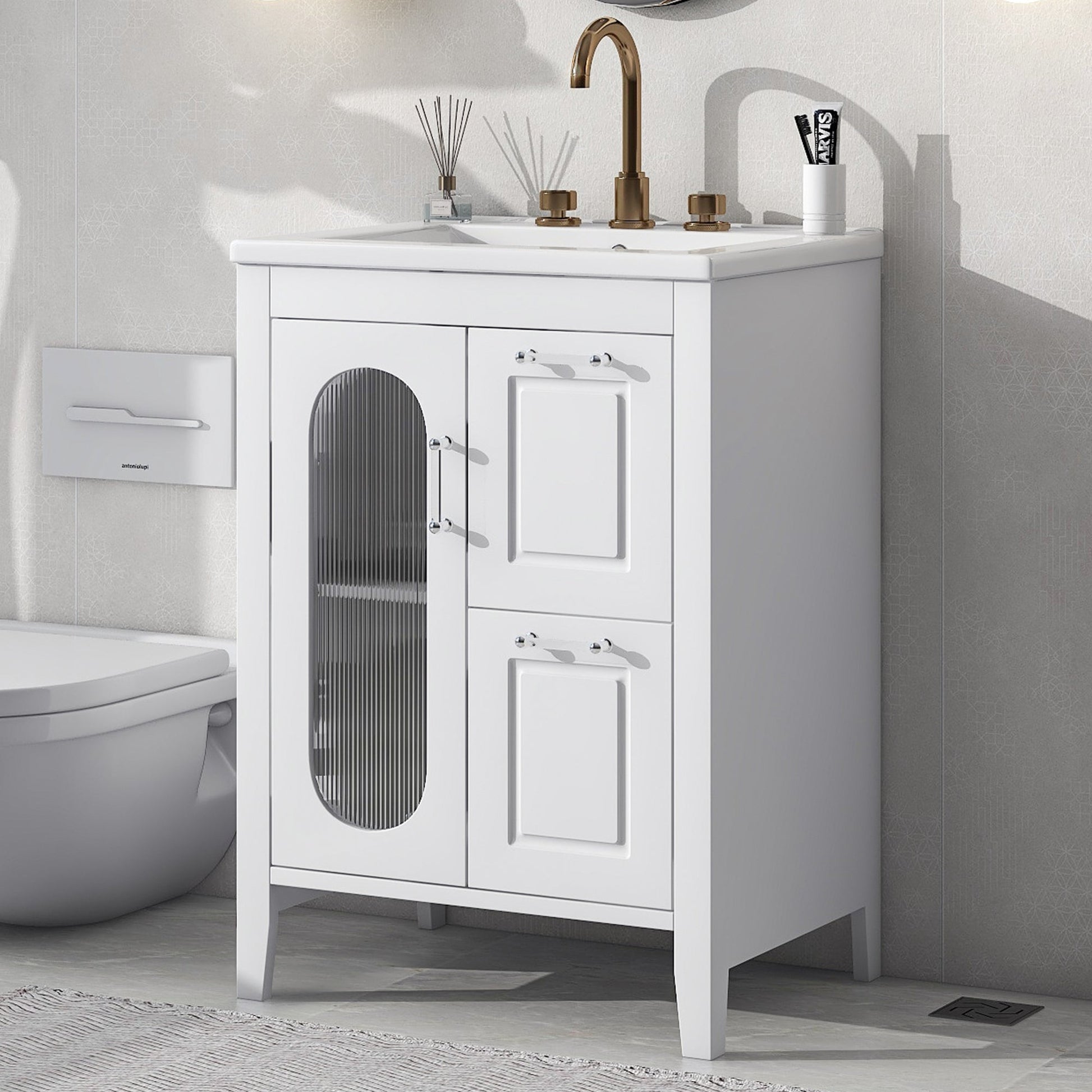 24' Bathroom Vanity with Sink, Bathroom Vanity Cabinet with Two Drawers and Door, Adjustable Shelf, Solid Wood and MDF, White (Old Sku:WF309411AAK) SolidRoot Buy Furniture USA