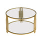 Modern Glass Coffee Table in 31.5", Asymmetrical Metal, Circular Metal Drum Base, Gold Finish & Lower Shelf Livingsource