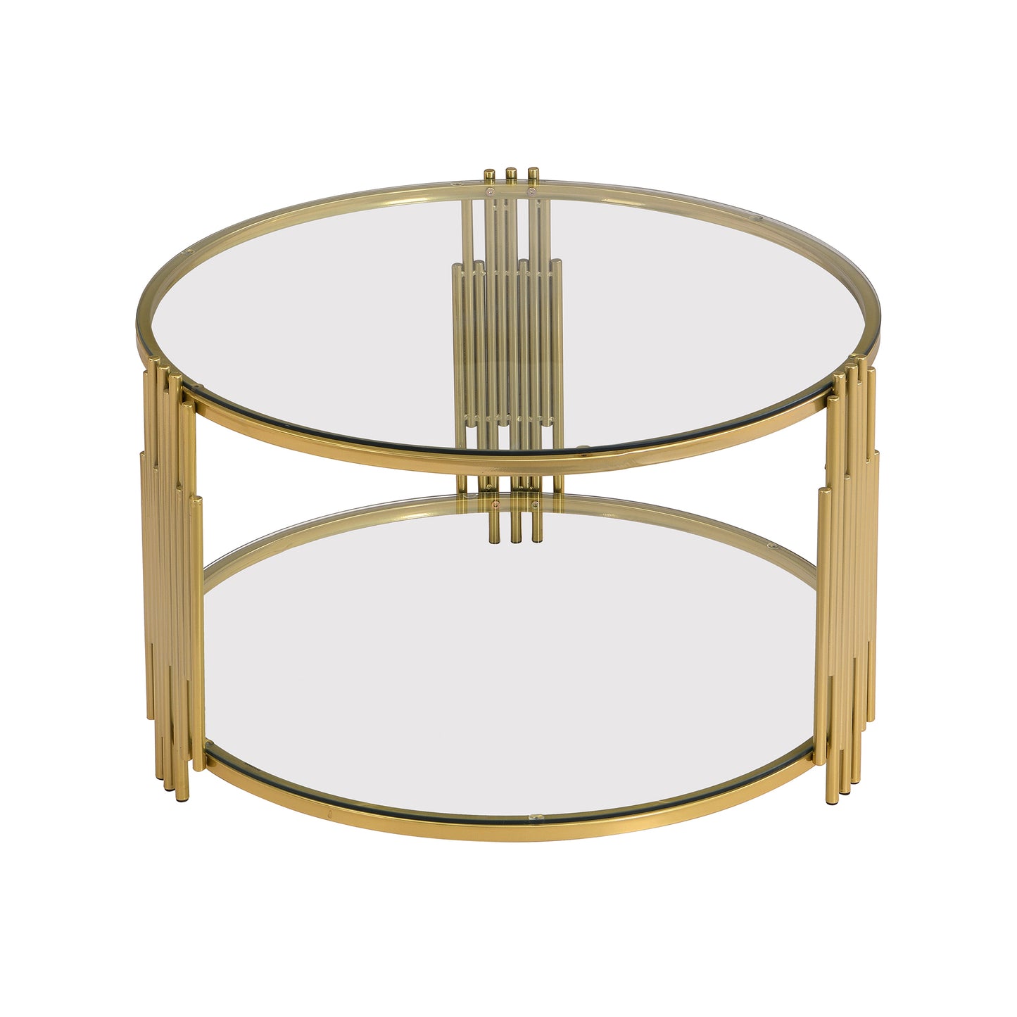 Modern Glass Coffee Table in 31.5", Asymmetrical Metal, Circular Metal Drum Base, Gold Finish & Lower Shelf