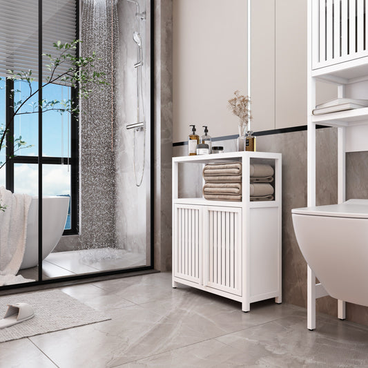 White Large Capacity Bamboo Storage Cabinet Furniture for Bathroom Living Room Bathroom Bamboo Storage Cabinet With Shelves SolidRoot Buy Furniture USA