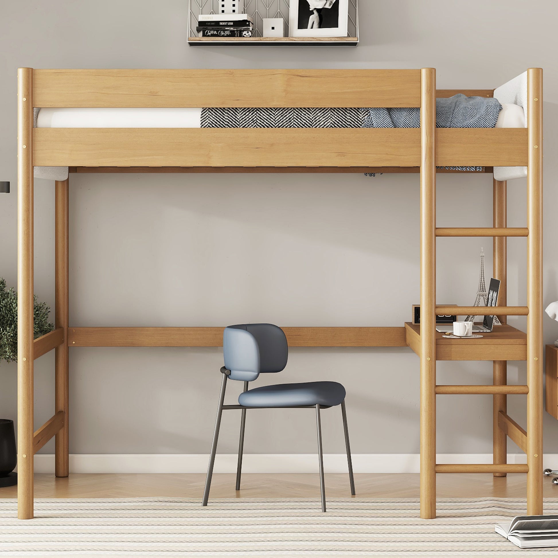 Twin Size Loft Bed with Desk, Upholstered Loft Bed Frame with Ladder, Safety Guardrails,Rubber Wooden,Teddy Fleece Fabric Headboard/Footboard,Natural SolidRoot Buy Furniture USA