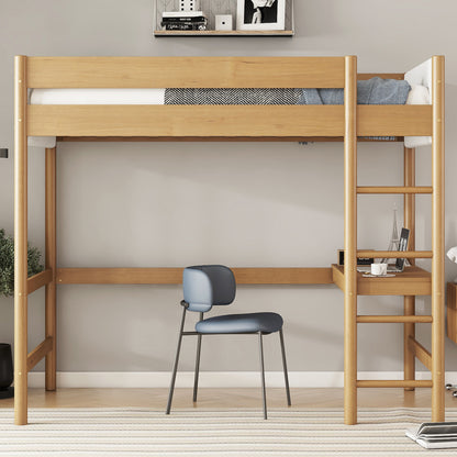 Twin Size Loft Bed with Desk, Upholstered Loft Bed Frame with Ladder, Safety Guardrails,Rubber Wooden,Teddy Fleece Fabric Headboard/Footboard,Natural SolidRoot Buy Furniture USA
