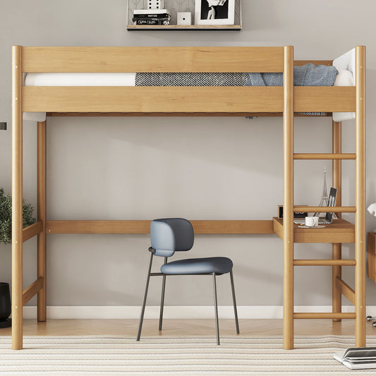 Twin Size Loft Bed with Desk, Upholstered Loft Bed Frame with Ladder, Safety Guardrails,Rubber Wooden,Teddy Fleece Fabric Headboard/Footboard,Natural SolidRoot Buy Furniture USA