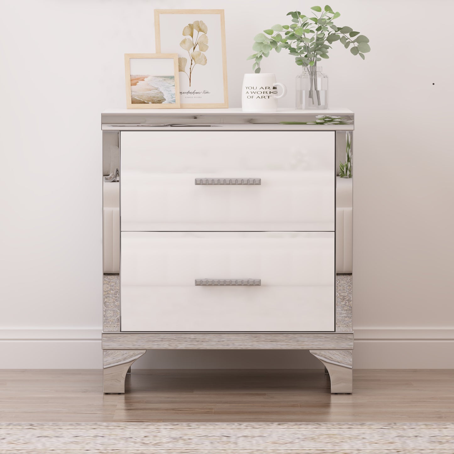 Elegant High Gloss Nightstand with Metal Handle,Mirrored Bedside Table with 2 Drawers for Bedroom,Living Room,White