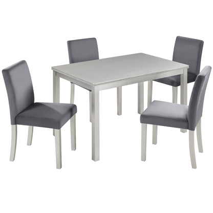 5PCs Wooden Dining Table Set, Kitchen Table Set with A Rectangular Table and 4 Upholstered Chairs, Wooden Dining Room Table with Crystal Decoration and Chairs Set, Silver Grey SolidRoot Buy Furniture USA
