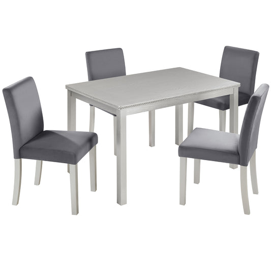 5PCs Wooden Dining Table Set, Kitchen Table Set with A Rectangular Table and 4 Upholstered Chairs, Wooden Dining Room Table with Crystal Decoration and Chairs Set, Silver Grey SolidRoot Buy Furniture USA