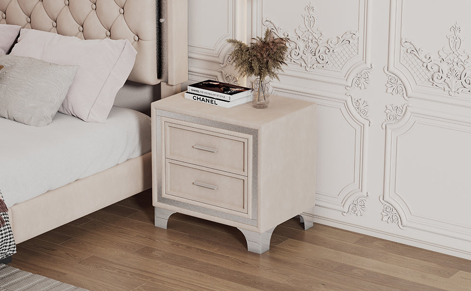 Mid Century Vintage Nightstand with Silver Glitter Strip Decor and Metal Legs, Velvet Bedside Table with 2 Drawers, Fully Assembled Except Legs and Handles, Beige