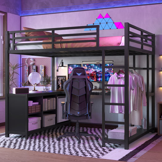 Metal Loft Bed with Wardrobe and L-shaped Desk, Full Size Loft Bed with Storage Cubes and Shelves, Loft Bed for Kids Teens Adults, Black SolidRoot Buy Furniture USA