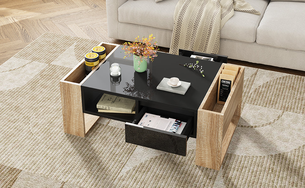 ON-TREND High Glossy Coffee Table with 2 Drawers, Practical Two Tone Center Table with Hidden Compartments, Rectangle Cocktail Table with Open Storage Shelf for Living Room, Bedroom, Black, 41.3*23.6"