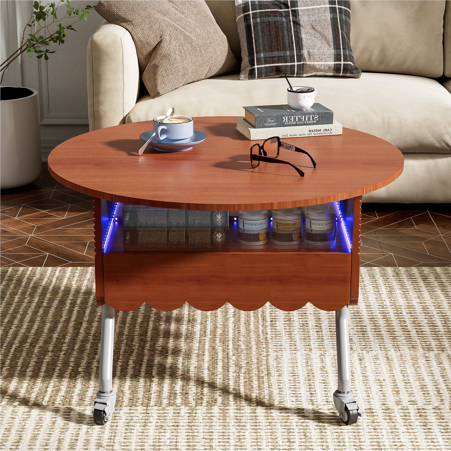 Round Lift-Top Coffee Table with Wheels, Metal Frame and Multi-Color Lighting in 27.6"