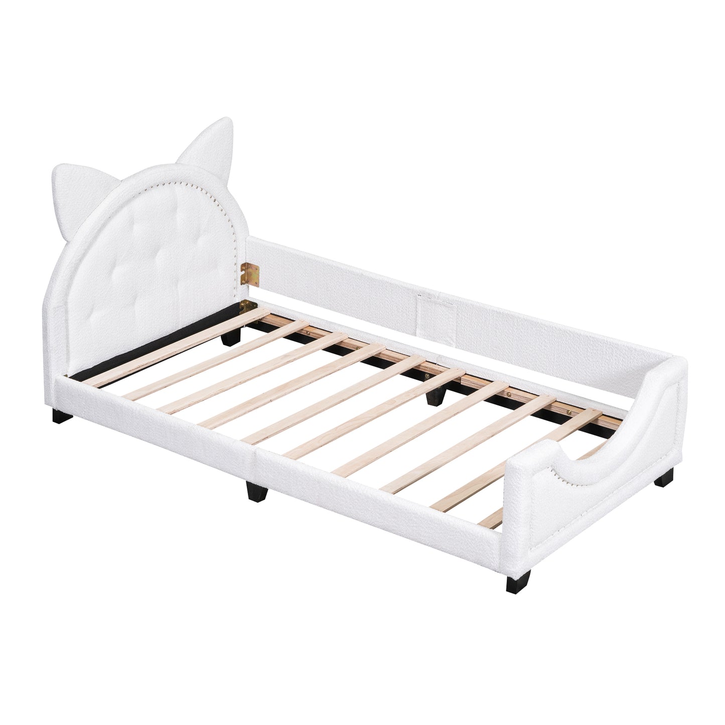 Teddy Fleece Twin Size Upholstered Daybed with Carton Ears Shaped Headboard, White