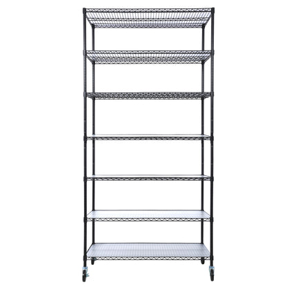 Black 7-Tier Adjustable Wire Shelving Unit with Wheels & Liners - 48' x 18' x 81.5', 2450 lbs Capacity Metal Storage Rack SolidRoot Buy Furniture USA
