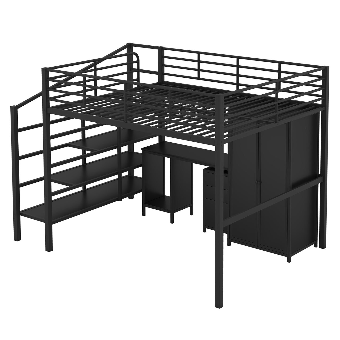 Metal Loft Bed With table set and wardrobe, Full, Black