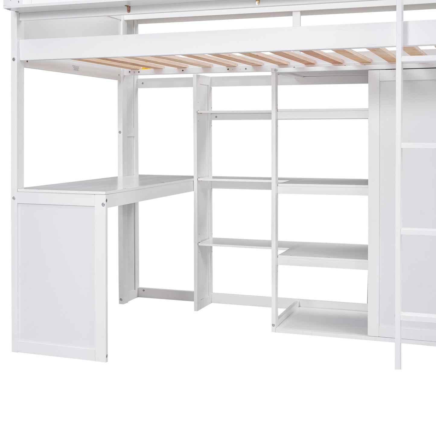 Wood Twin Size Loft bed with Multiple Storage Shelves and Wardrobe, White