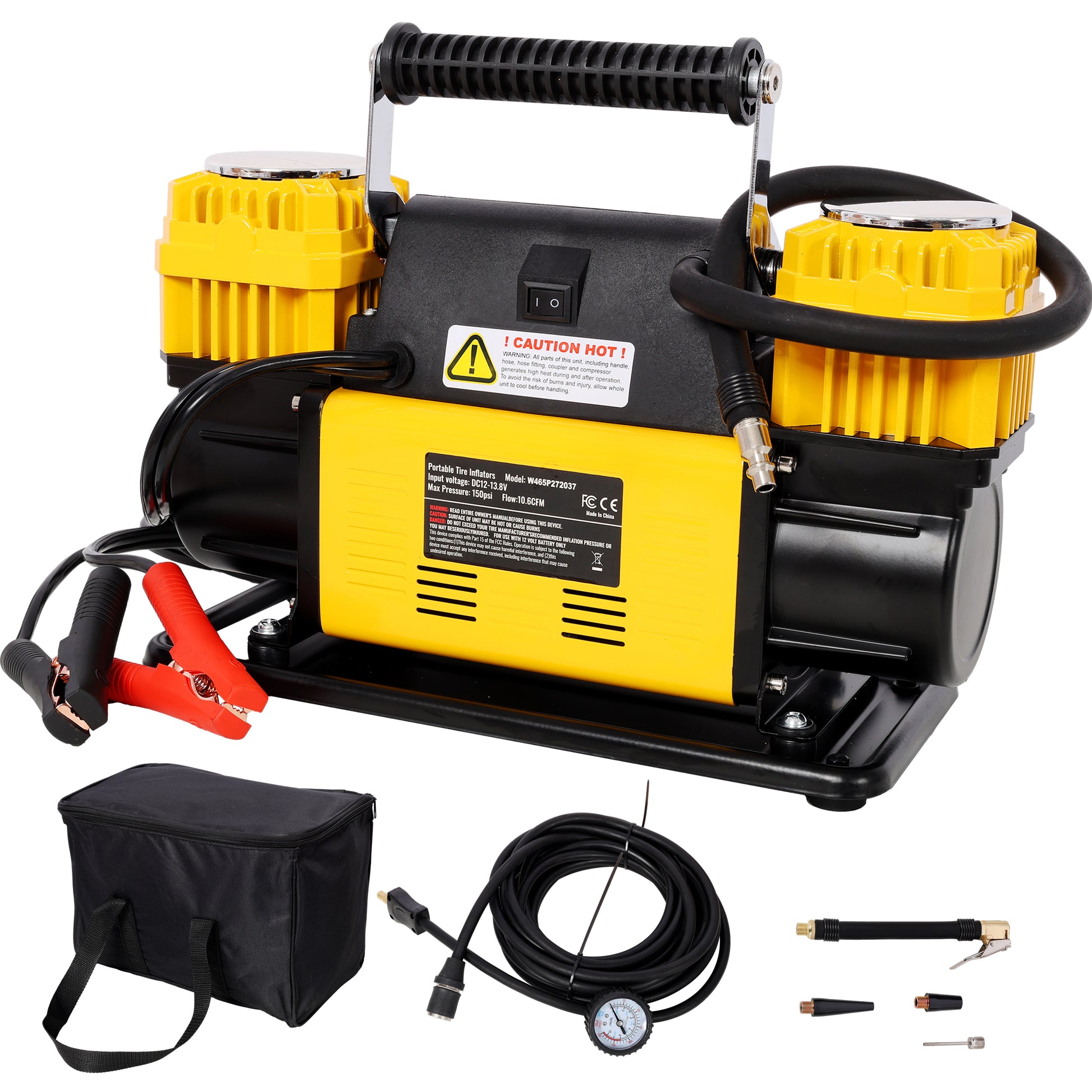 Heavy Duty 12V Dual Cylinder Air Compressor, Tire Inflator with Gauge, Yellow+Black Metal, 14.3x6.0x8.6 inches SolidRoot Buy Furniture USA