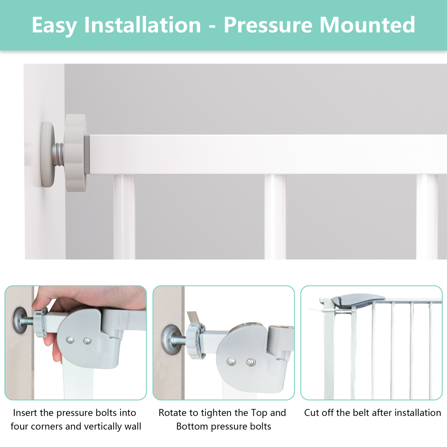 29.5-45.3" Wide Baby Gate for Stairs, Dog Gate Indoor for Doorways, No Drilling Pressure Mounted Pet Gates for Kids, Easy Walk Through Safety Gate, White