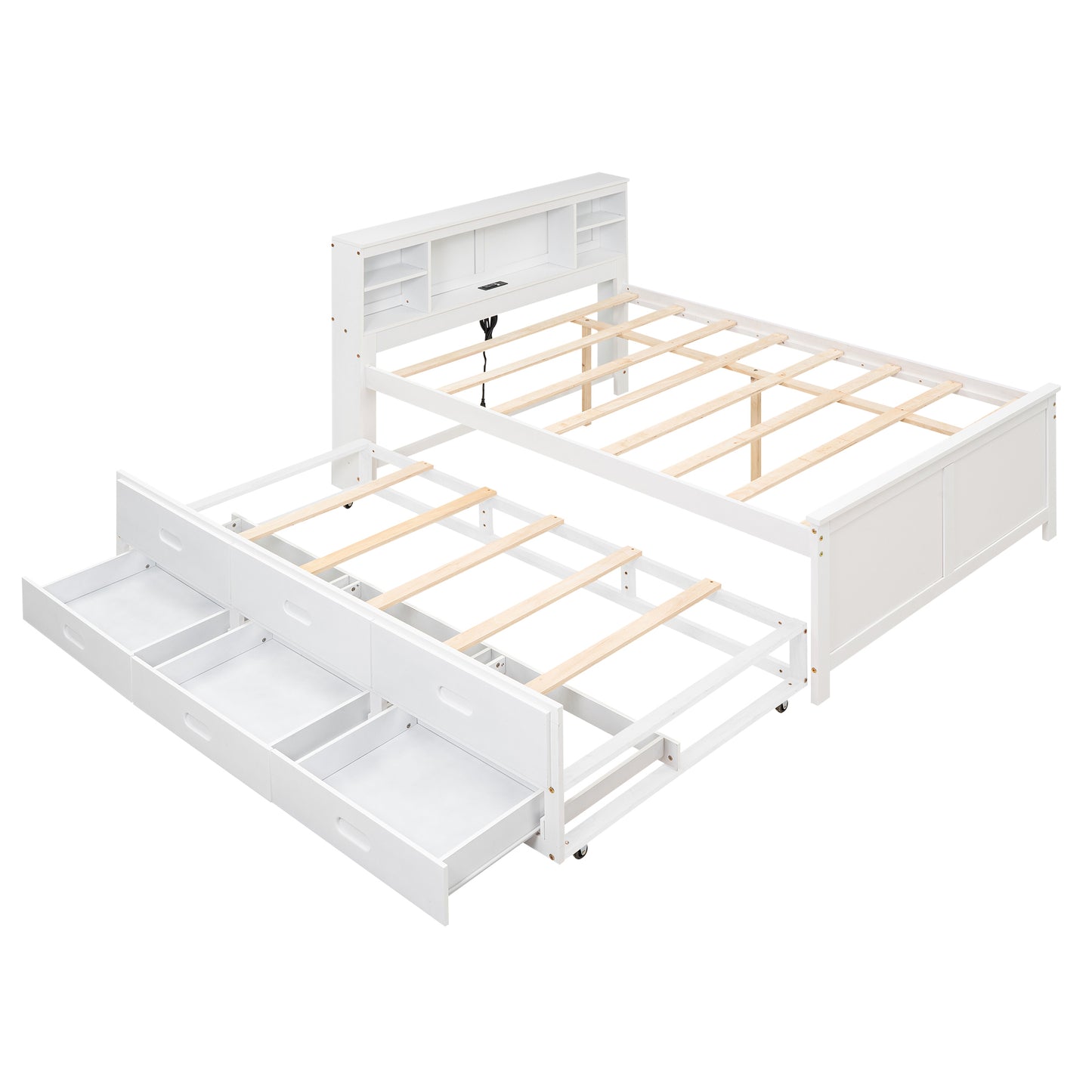 Full Size Platform Bed with Storage Headboard, USB, Twin Size Trundle and 3 Drawers, White