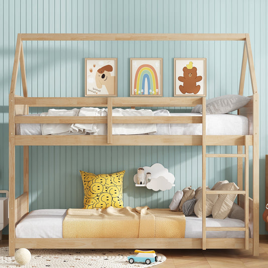 Twin Over Twin House Floor Bunk Bed with Headboards, Footboards and Guardrails, Ladder, Rubber Wood Bunk Bed with Safety Guardrails,White Oak SolidRoot Buy Furniture USA