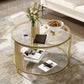Modern Glass Coffee Table in 31.5", Asymmetrical Metal, Circular Metal Drum Base, Gold Finish & Lower Shelf Livingsource