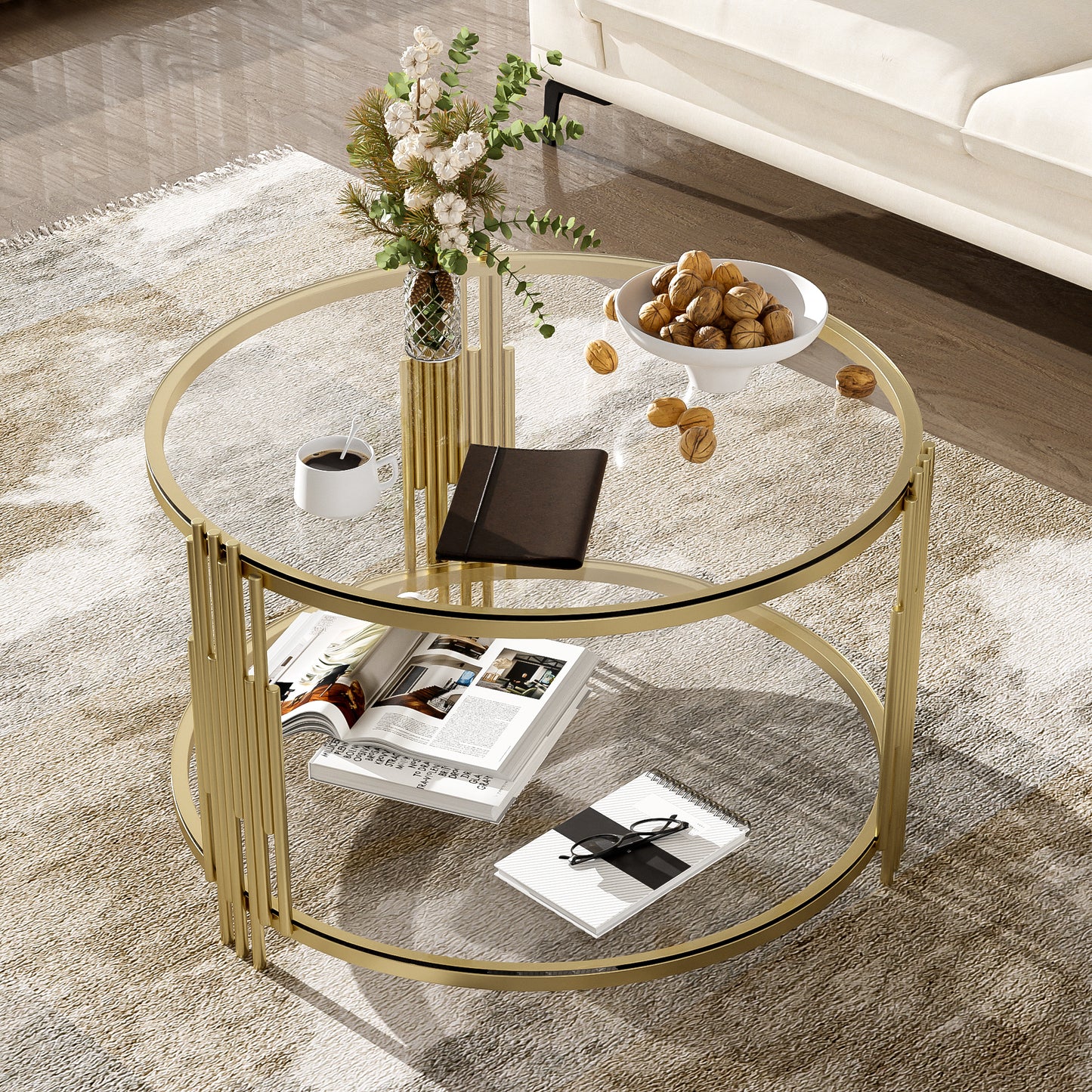 Modern Glass Coffee Table in 31.5", Asymmetrical Metal, Circular Metal Drum Base, Gold Finish & Lower Shelf