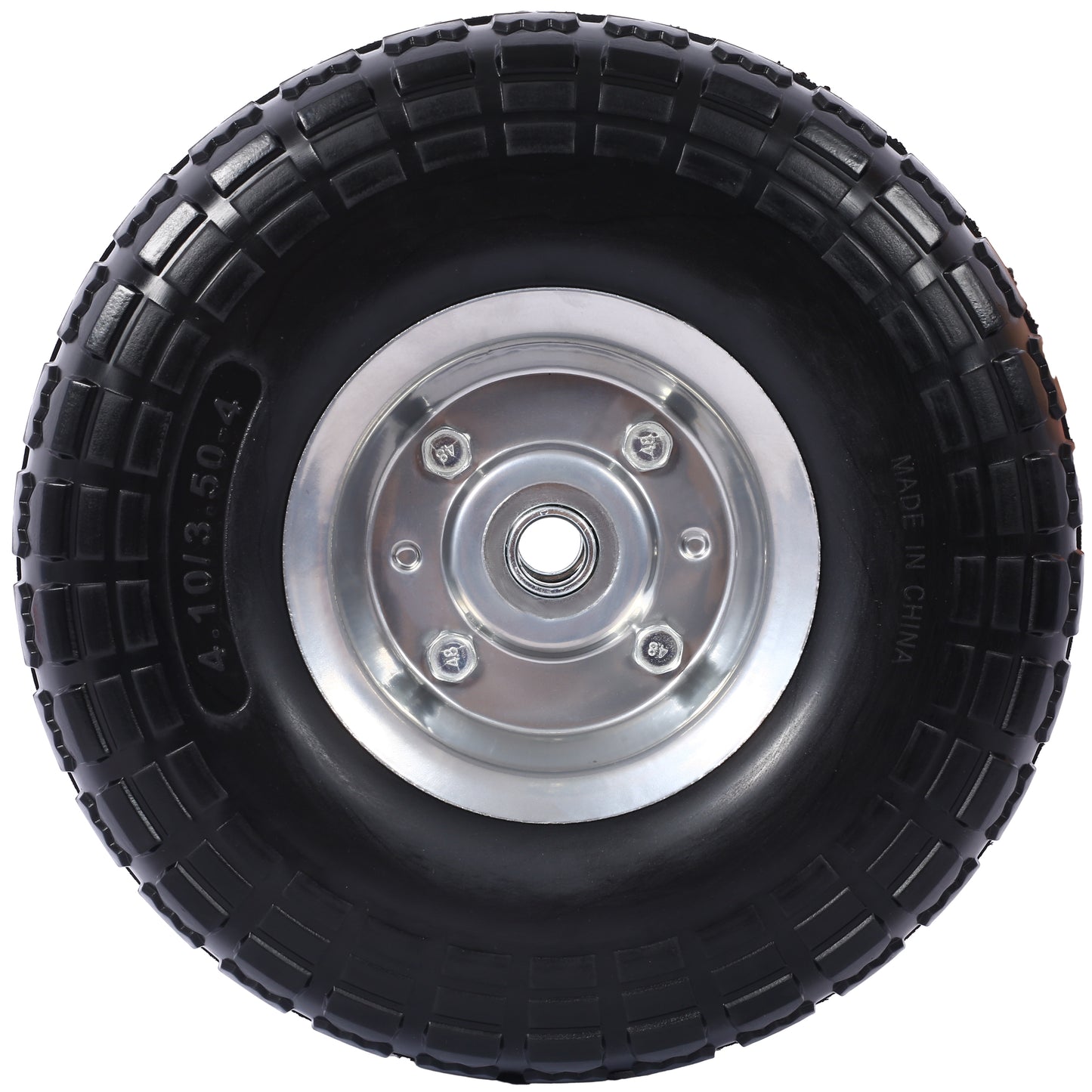 Heavy-Duty Flat free PU foam Tire and Wheel - 4.10/3.50-4",  10" Diameter, 5/8" Axle Bore Hole, 2.2" Offset Hub and Double Sealed Bearings for Hand Trucks Replacement, Black color with silver rim