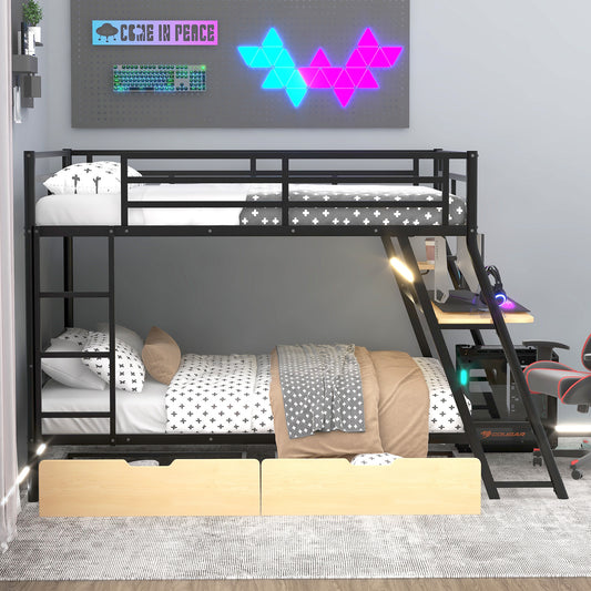 Full Size Metal Bunk Bed with Built-in Desk, Light and 2 Drawers, Black - SolidRoot Buy Furniture USA