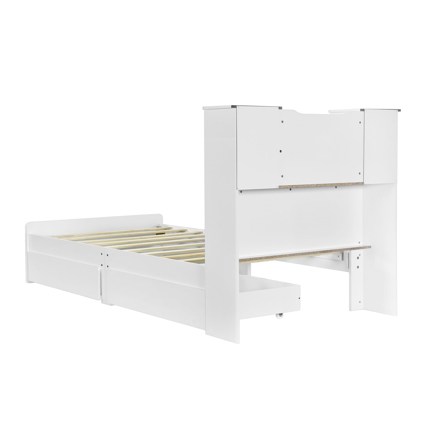 Twin Size Storage Platform Bed Frame with 4 Open Storage Shelves and 2 Storage Drawers,LED Light,White