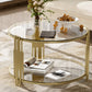 Modern Glass Coffee Table in 31.5", Asymmetrical Metal, Circular Metal Drum Base, Gold Finish & Lower Shelf Livingsource