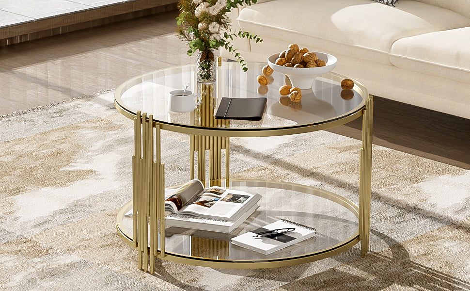 Modern Glass Coffee Table in 31.5", Asymmetrical Metal, Circular Metal Drum Base, Gold Finish & Lower Shelf