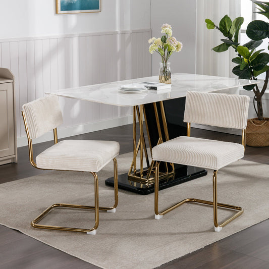A&A Furniture,Modern Dining Chairs with Corduroy Fabric,Gold Metal Base, Accent Armless Kitchen Chairs with Channel Tufting,  Side Chairs, Set of 2, Beige Livingsource