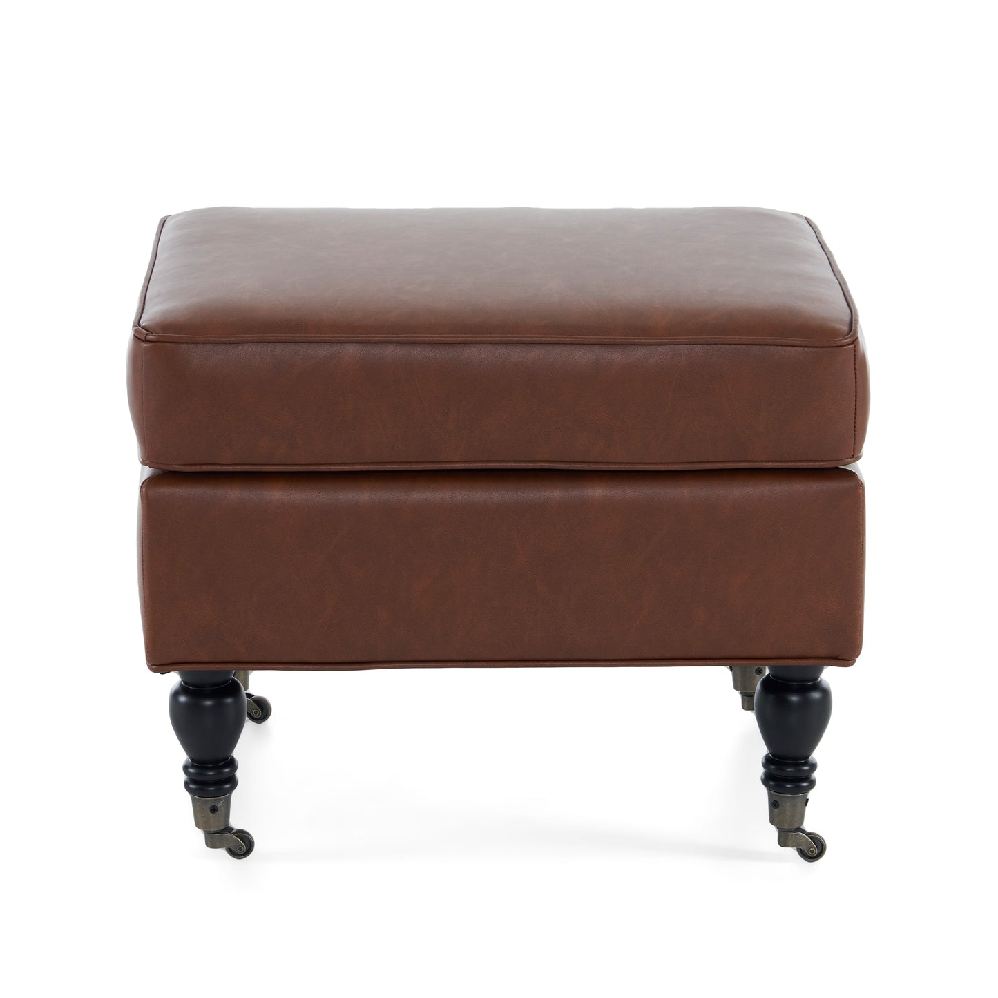 PU Leather Ottoman with Solid Wood Legs and Casters, Brown