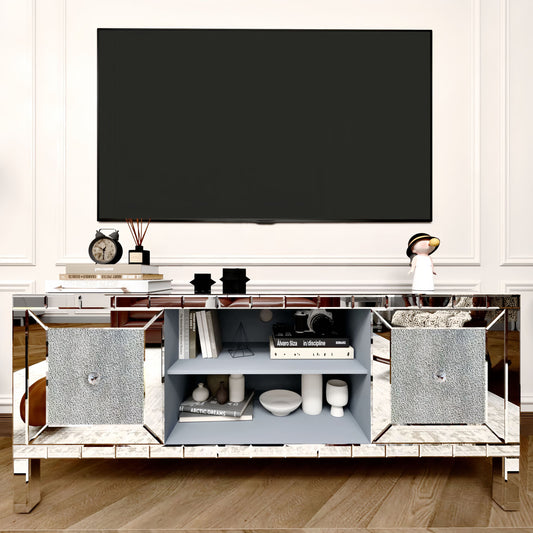 60' Mirrored TV Stand with Crushed Diamond Glass Doors - Modern Media Entertainment Center for Living Room, Adjustable Storage TV Console Table for 65-Inch TV SolidRoot Buy Furniture USA