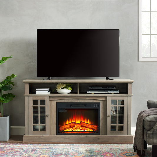 Classic TV Media Stand Modern Entertainment Console with 23' Fireplace Inset for TV Up to 65' with Open and Closed Storage Space, Gray Wash, 58.25'W*15.75'D*32'H SolidRoot Buy Furniture USA