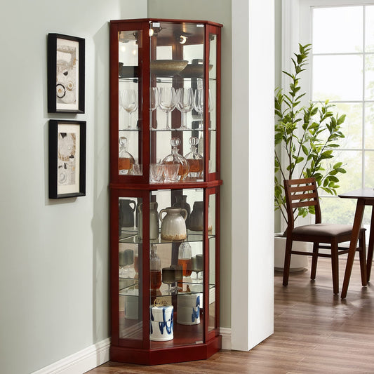 6 Shelf Corner Curio Display Cabinet with Lights, Mirrors and Adjustable Shelves, Cherry(E26 light bulb not included) SolidRoot Buy Furniture USA