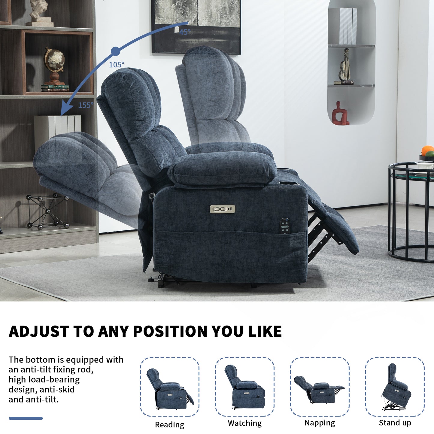 [Video provided] Large Power Lift Recliner Chair Sofa with Massage and Heat for Big and Tall Elderly People,  8-Point Vibration Massage and Lumbar Heating, Two Cup Holders and USB Charge Port, Blue