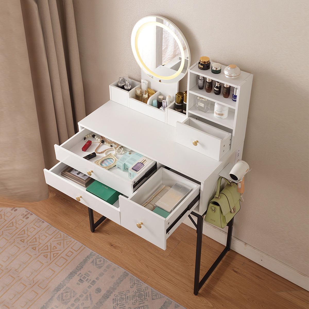 Vanity Desk with Lighted Mirror & Power Outlet, Makeup Vanity Desk with Drawers and Cabinet, Sturdy Iron Bracket, Make up Vanity Table for Bedroom, White