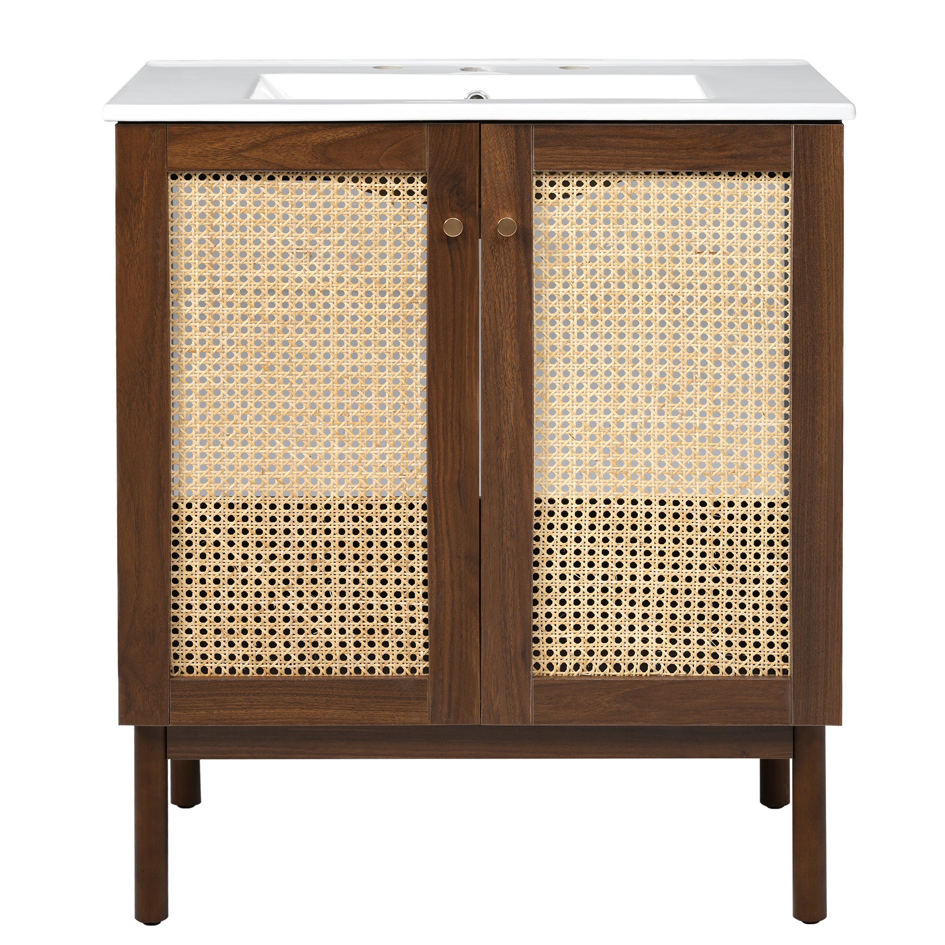 30-Inch Bathroom Vanity with Handwoven Bamboo Doors, Dark Walnut MDF Cabinet, Soft-Close Design, Natural Bamboo Legs, 29.9'W x 18.3'D x 34.06'H SolidRoot Buy Furniture USA